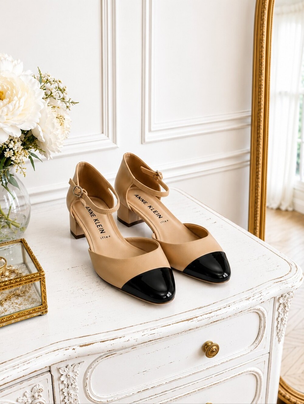 Anne Klein iFlex Nude/Black Cap Toe Ankle Strap Block Heel Pumps | Size 8.5